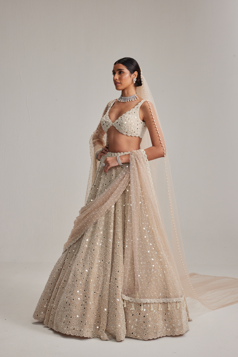 Light Beige Mirror & Pearl Bridal Lehenga with Double Dupatta and Veil