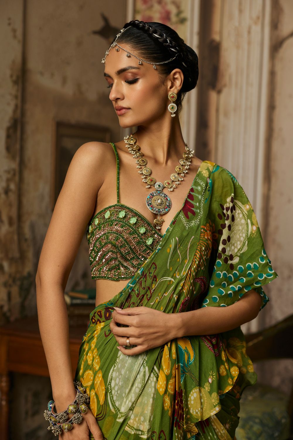 PEAR GREEN PRINTED AND HIGHLIGHTED RUFFLE SKIRT SAREE SET