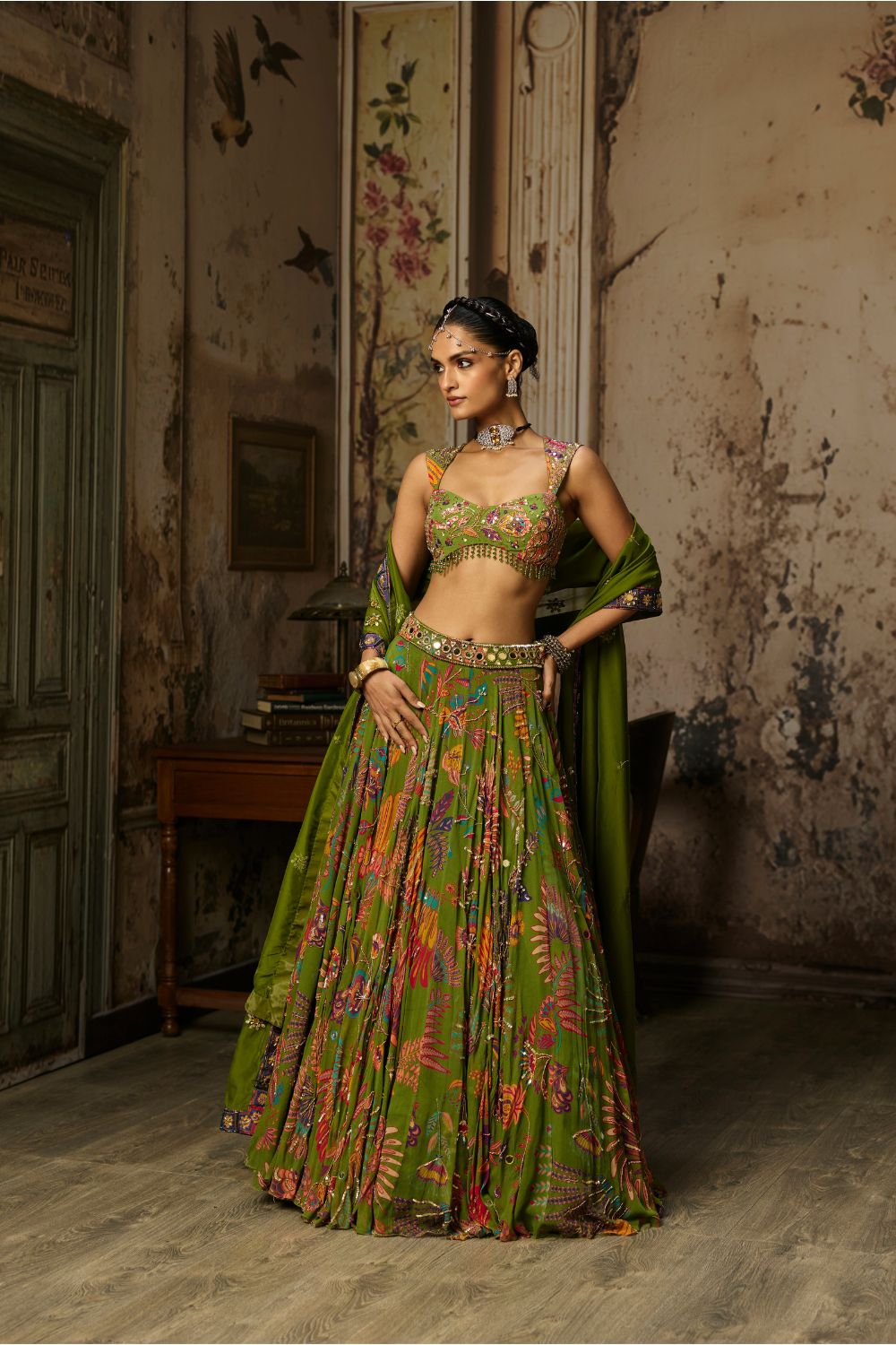 PEAR GREEN PRINTED AND HIGHLIGHTED LEHENGA SET