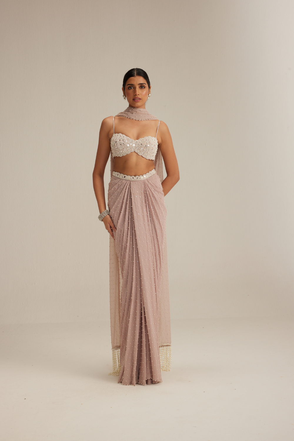 Ash pink Pearl Scattered draped skirt set