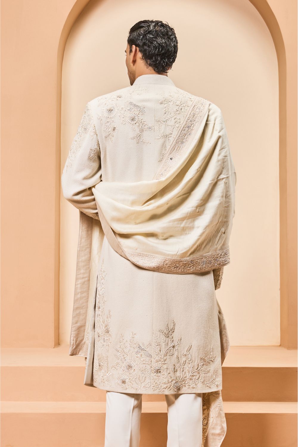 Ivory sherwani with pearl,sequins and resham thread work