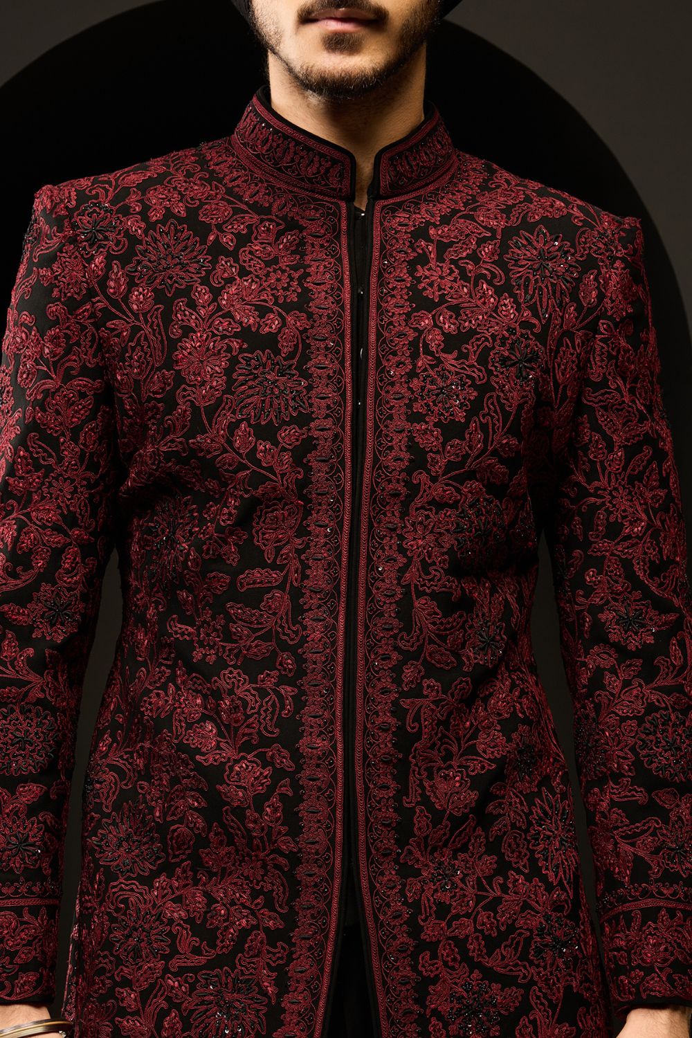 Black indo Western highlighting with sequins, pearls and wine thread work
