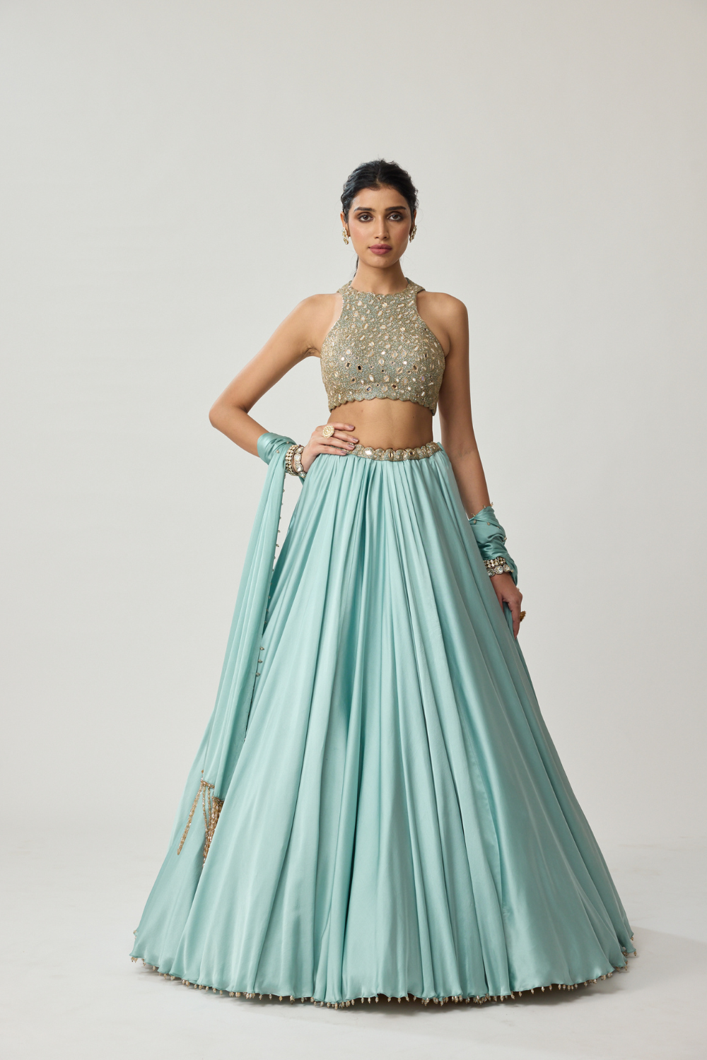 Powder Blue Mirror Satin Lehenga Set