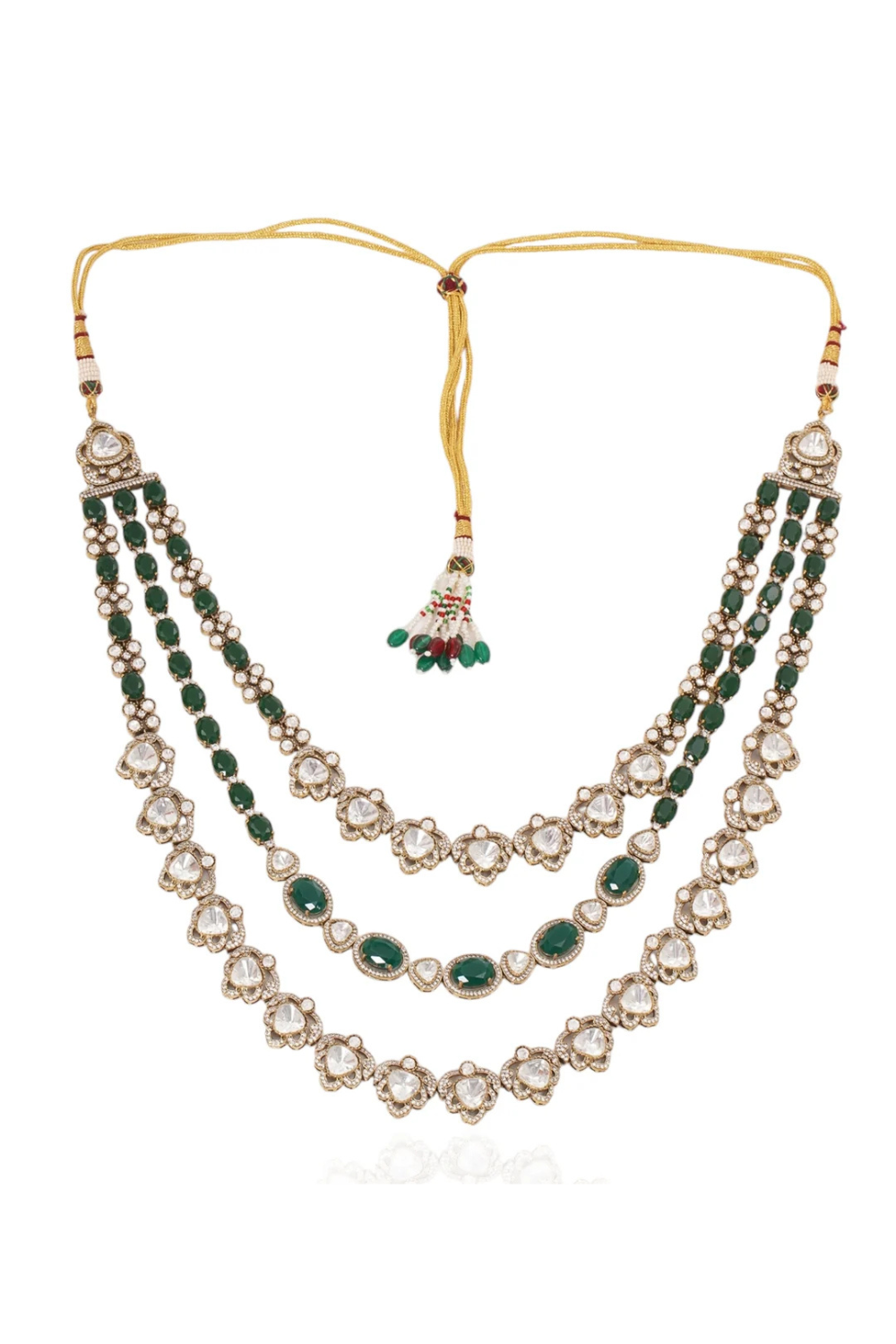 Three-Layered Green Beaded Kundan Mala
