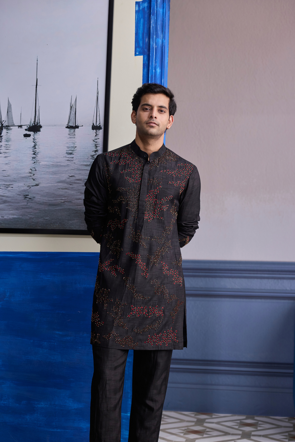 Black Abstract Embroidered Kurta with Pants
