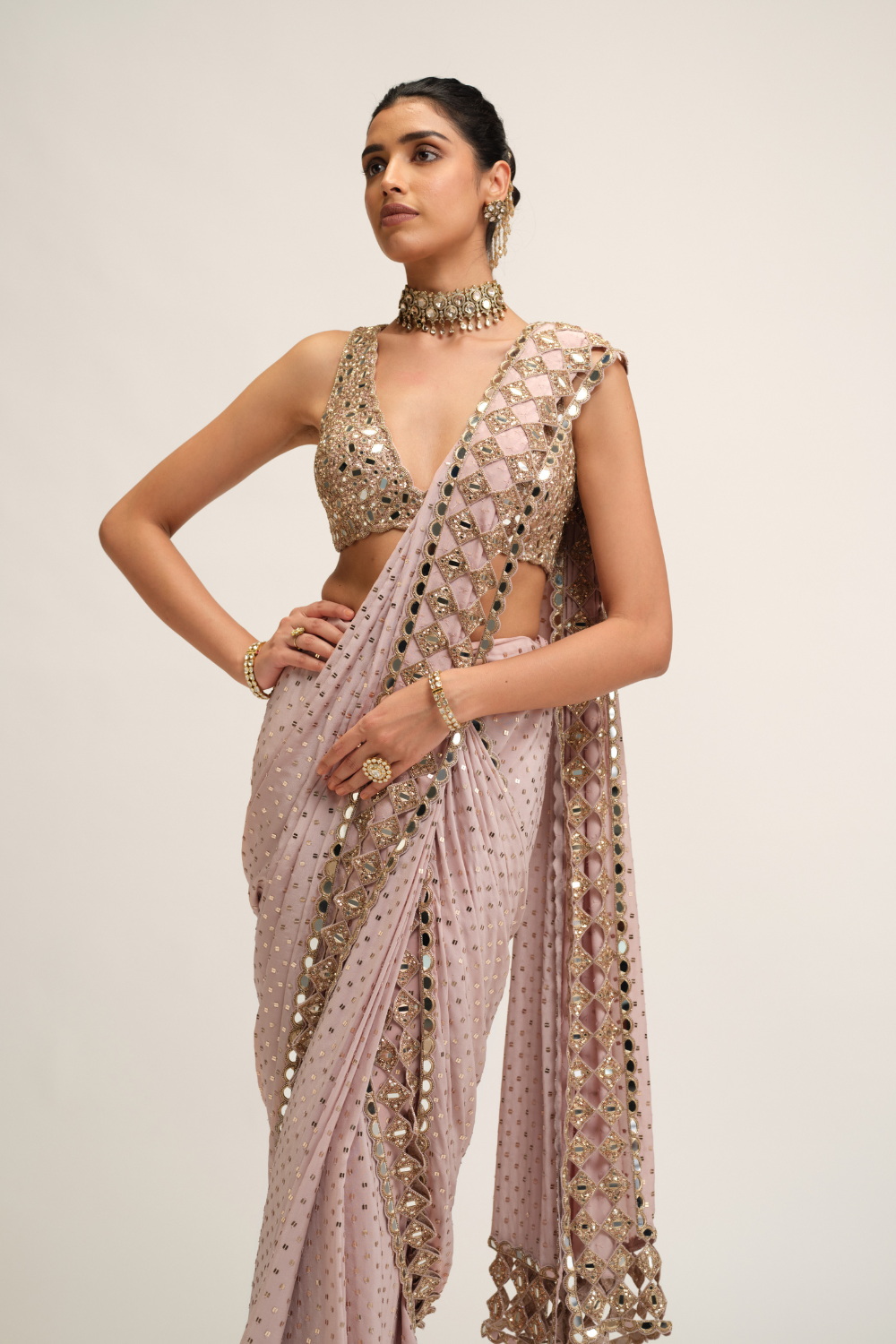 Ash Pink Cutwork Border Saree Set