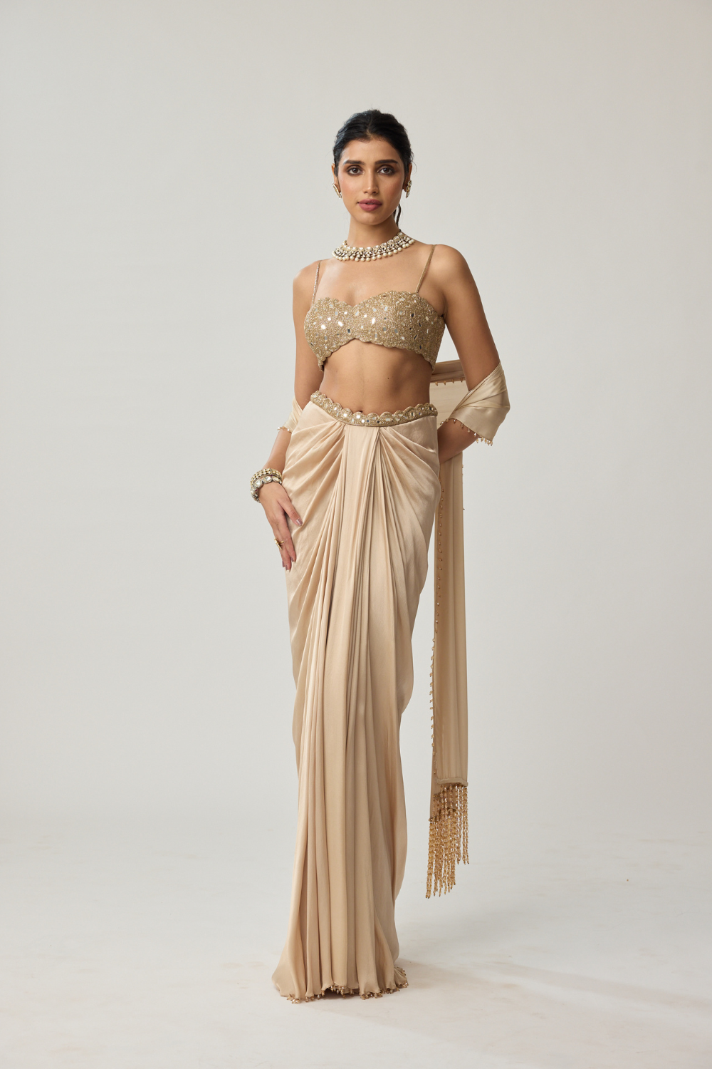 Light beige Mirror Satin draped skirt Set
