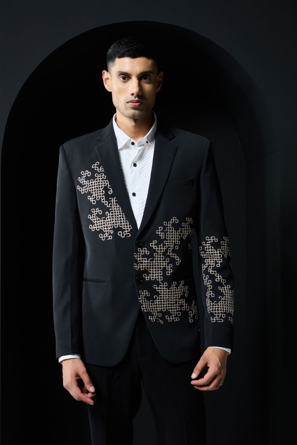 Black blazer detailing with thread work