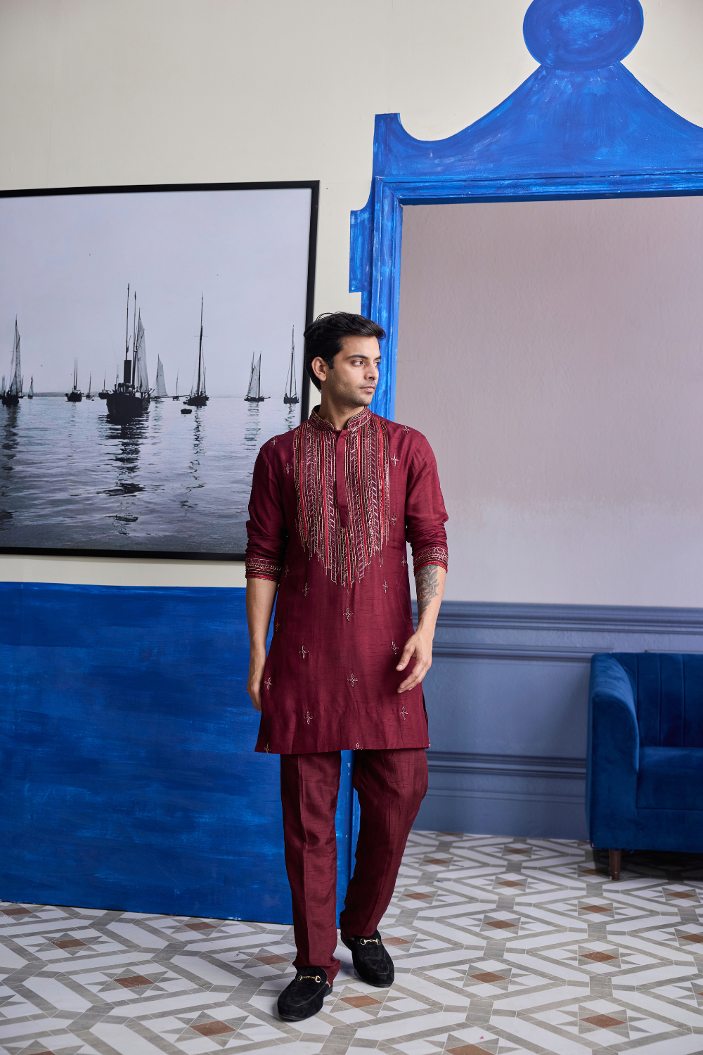 Maroon Embroidered Kurta with Pants