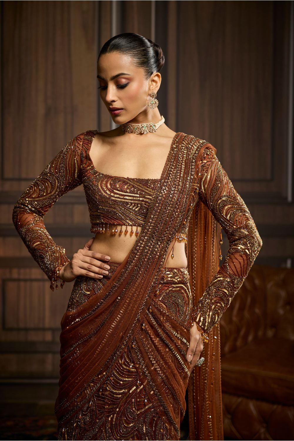 METALLIC GOLD EMBELLISHED SKIRT SAREE SET