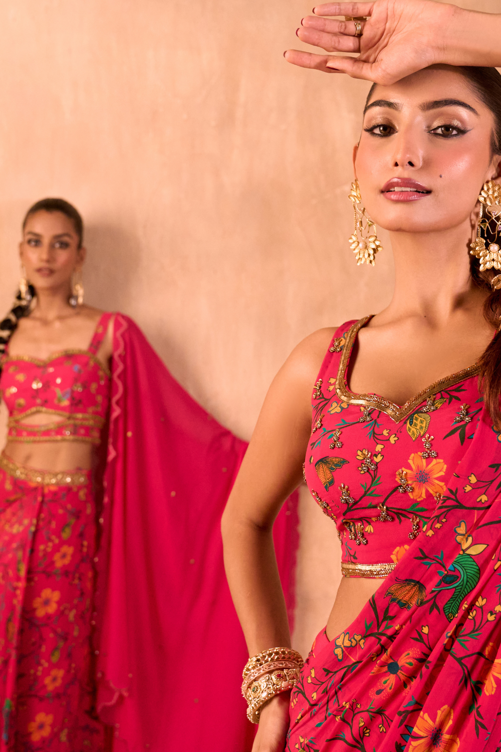 PINK PRINT EMBROIDERED CHOLI, DRAPED SKIRT AND DUPATTA SET