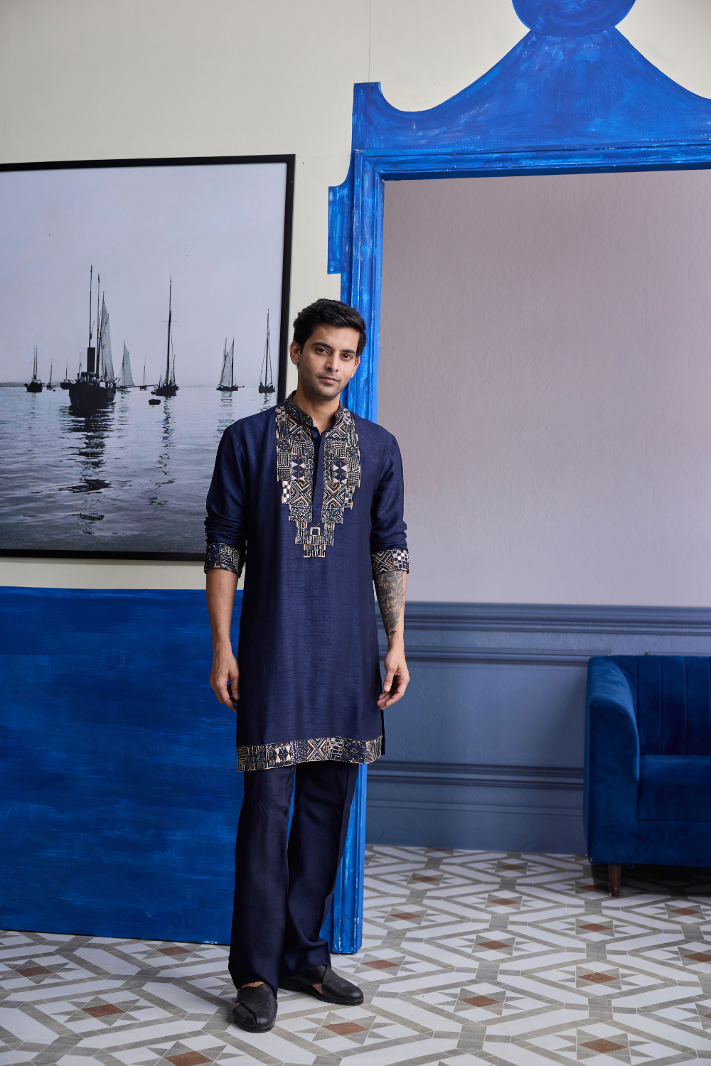 Dark Blue Geometric Embroidered Kurta with Solid Pants