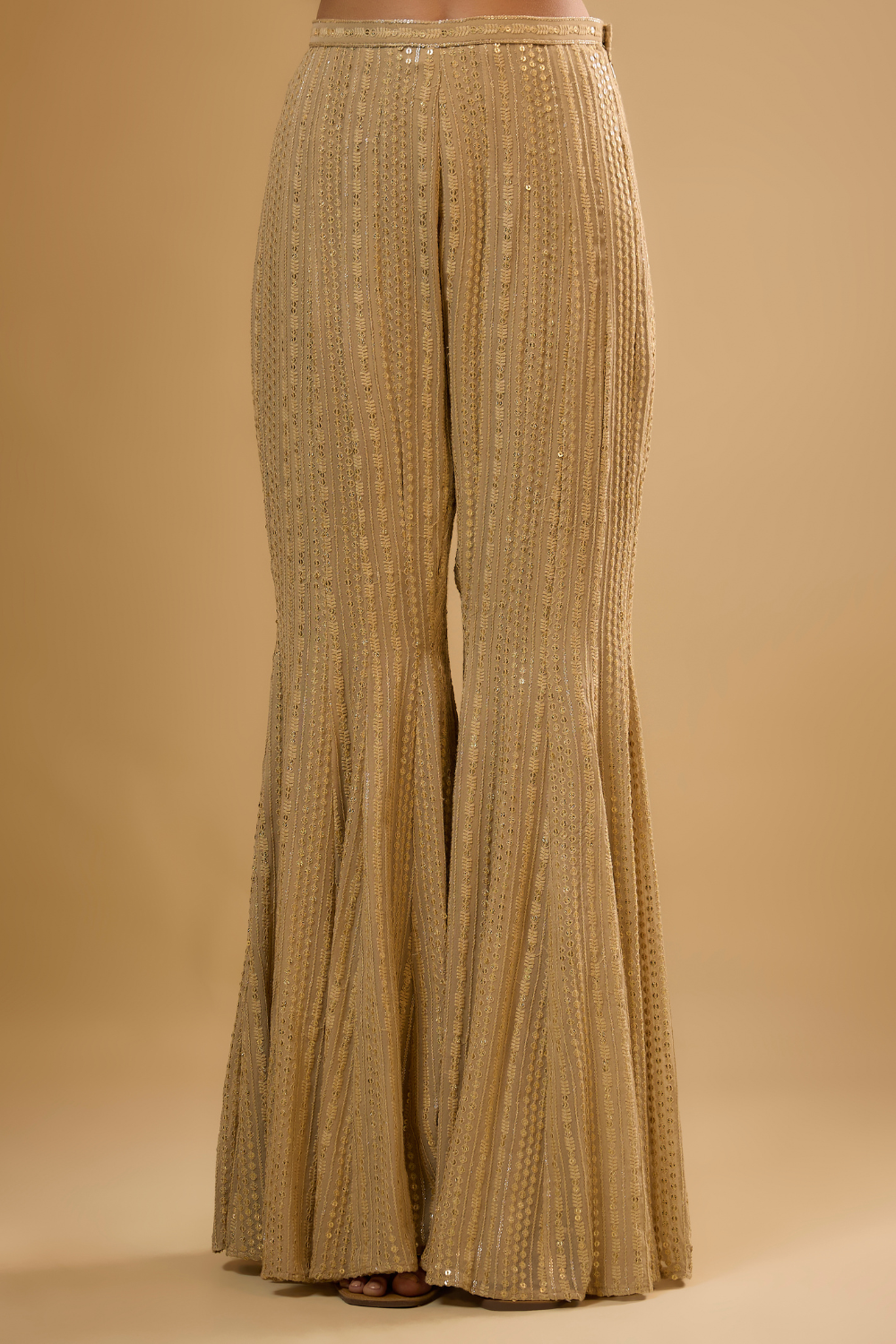 Gold net kurta sharara set embroidered with sequin and threadwork