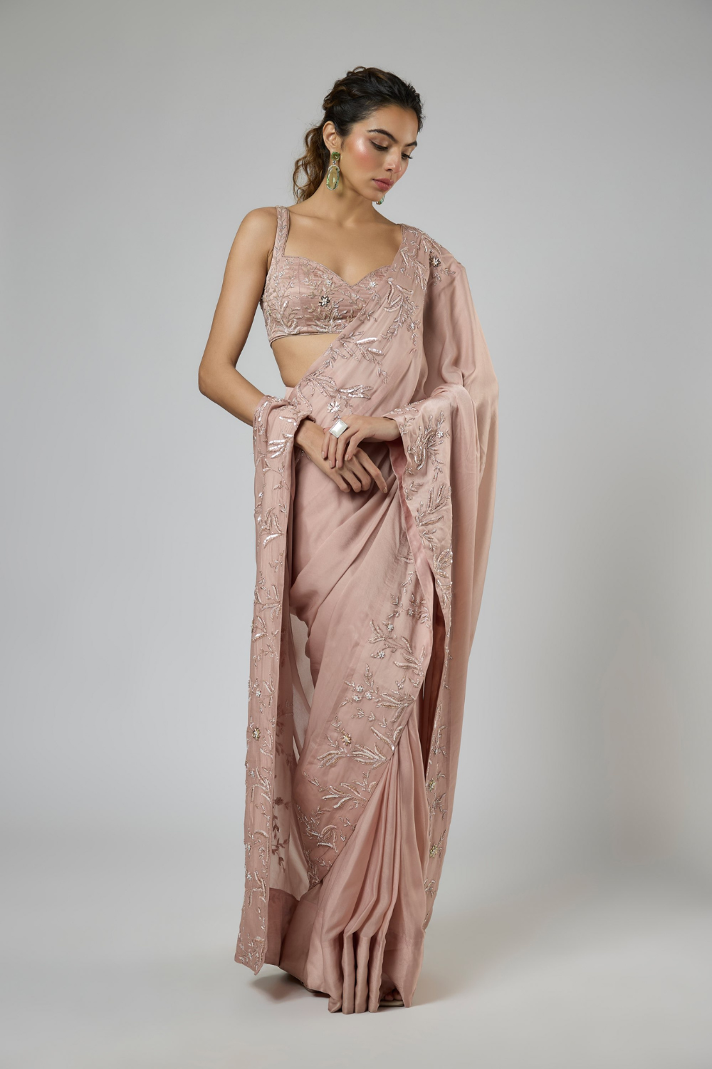 ONION PINK INTRICATE FLORAL EMBROIDERED SAREE SET