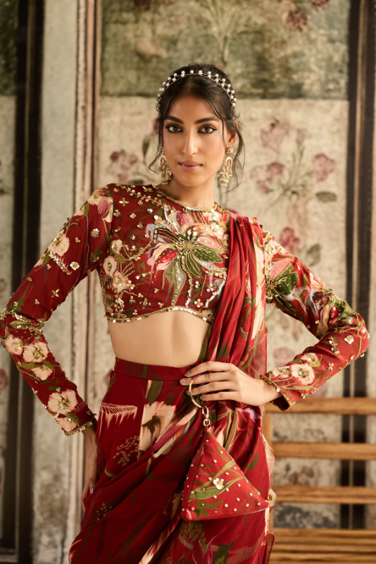 RED FLORAL PRINTED SKIRT SAREE SET