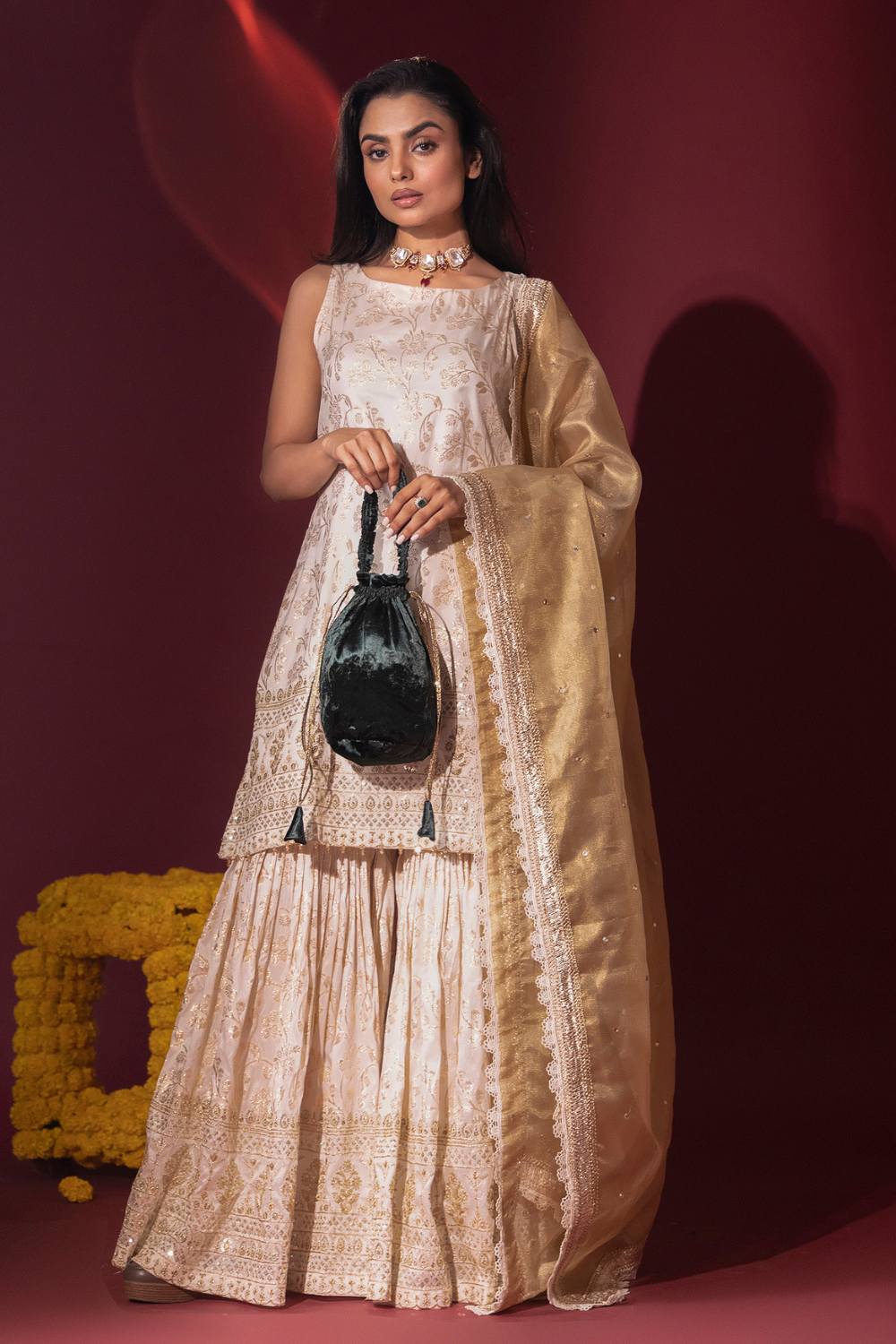 Ivory Brocade Kurta and Gharara with dupatta