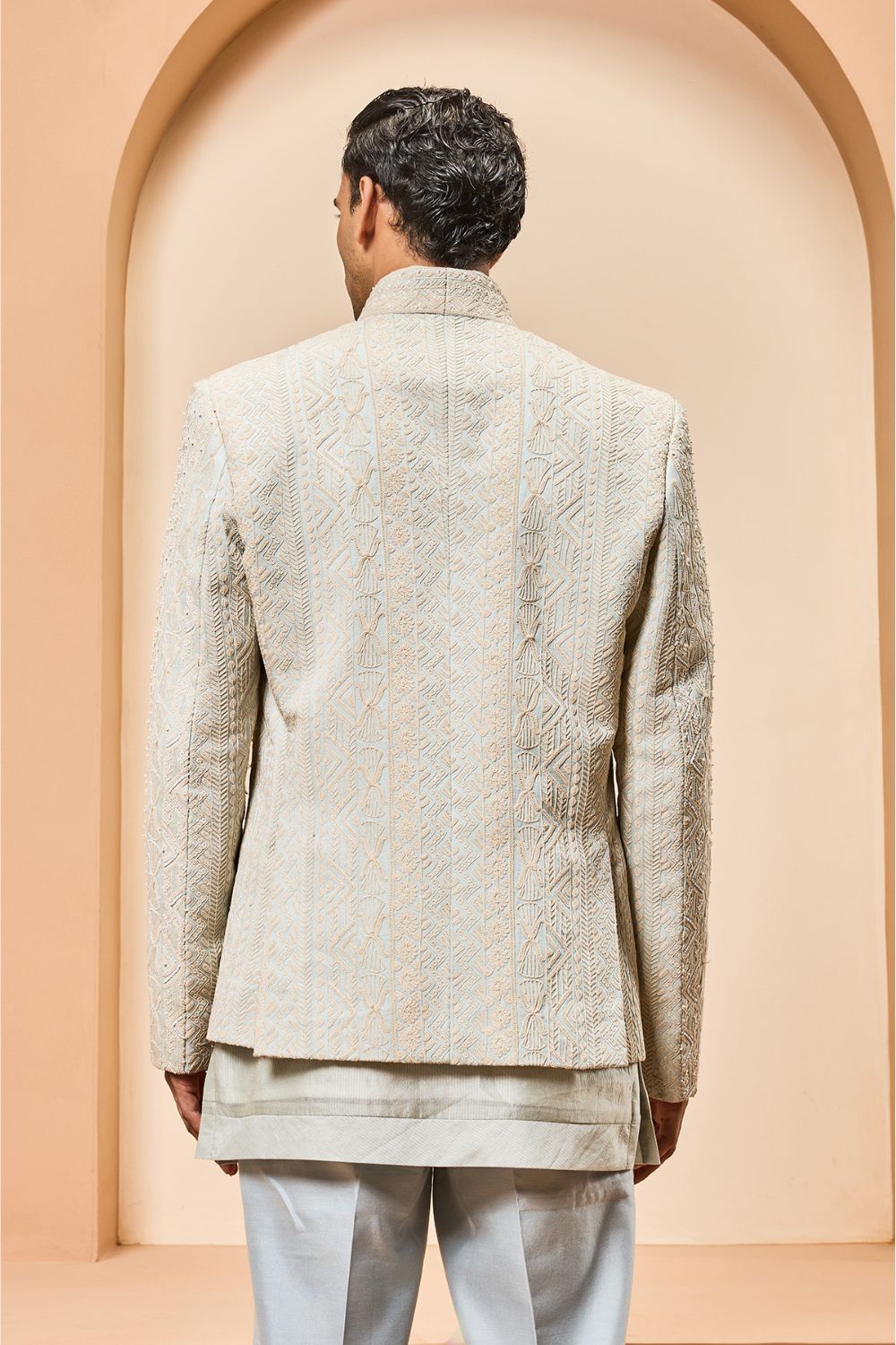 Powder blue open bandhgala with thread , sequins & pearl work