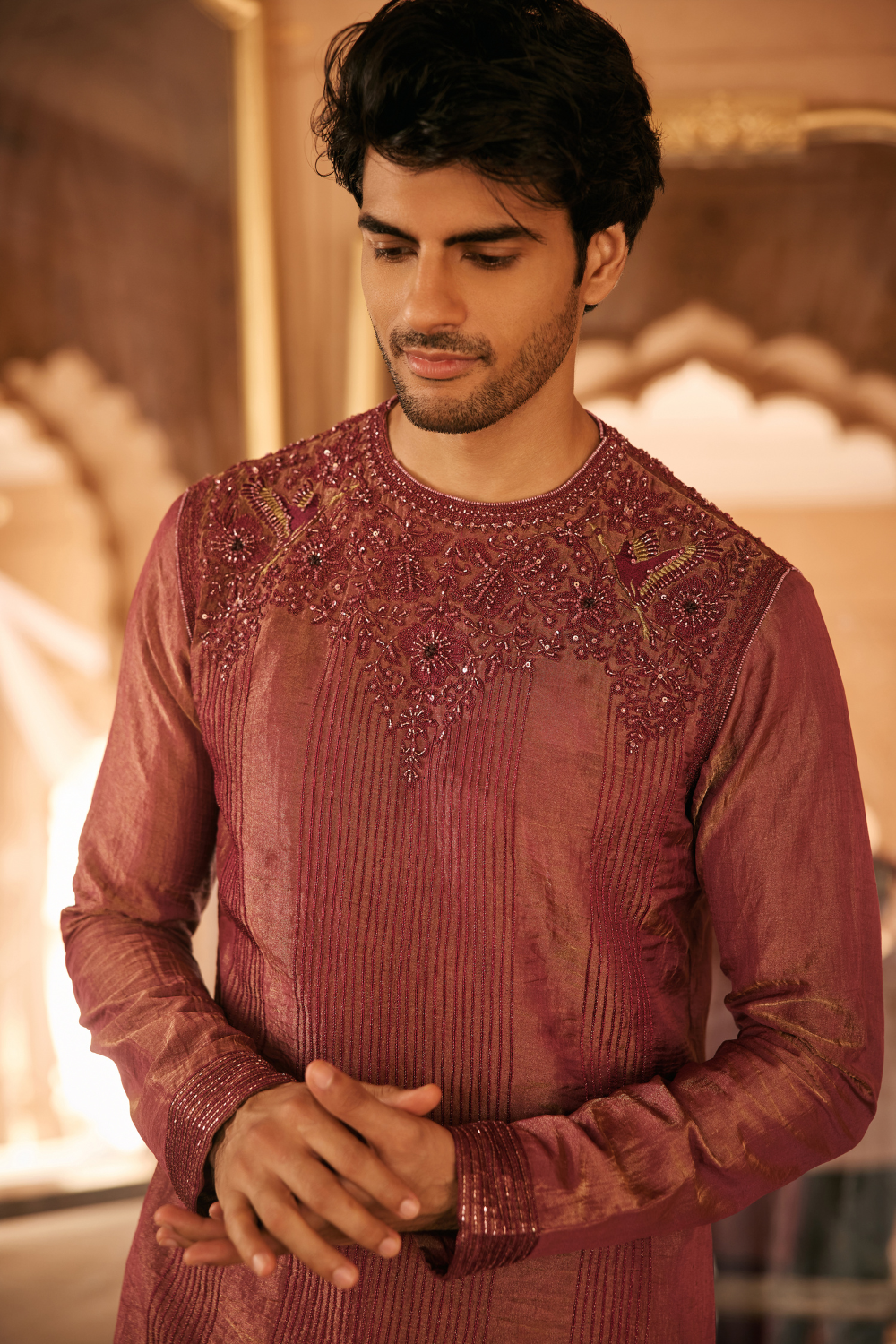 Wine, dori embroidery, tissue, kurta set