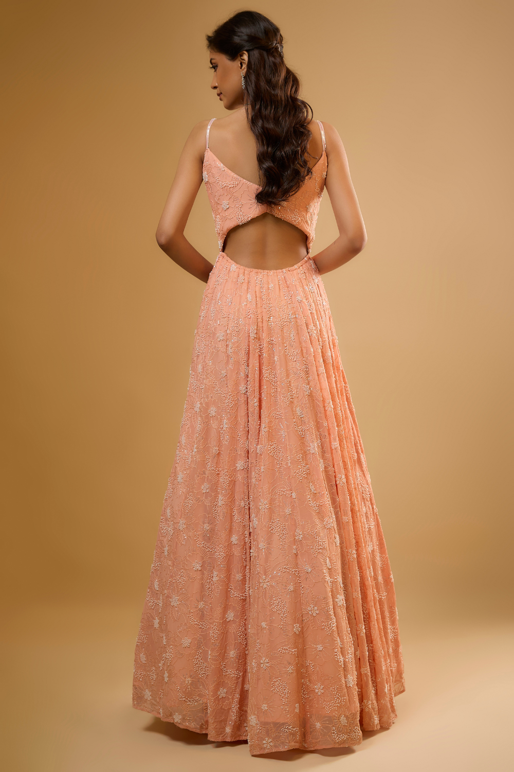 Peach sorbet georgette anarkali gown set embroidered with sequins, glass beads & threadwork