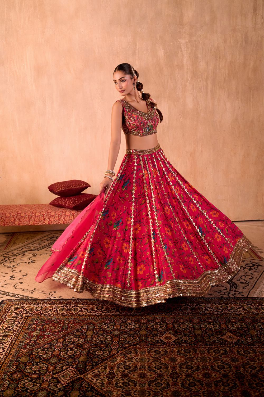 PINK PRINT EMBROIDERED CHOLI, LEHENGA AND DUPATTA SET