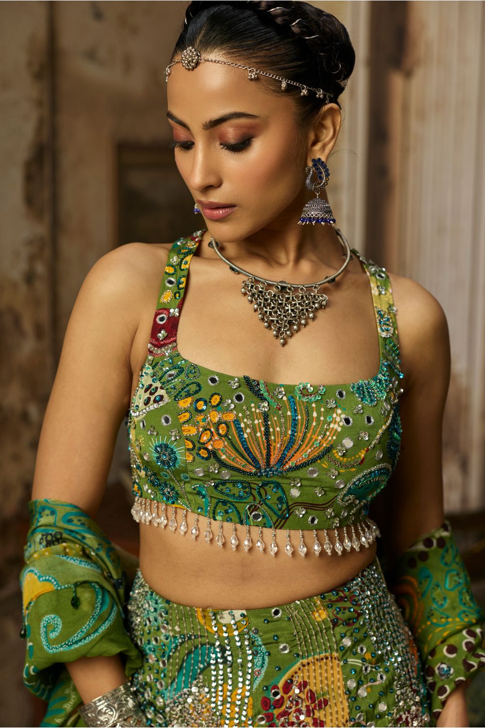 PEAR GREEN PRINTED HIGHLIGHTED BELL BOTTOM PANTS SET