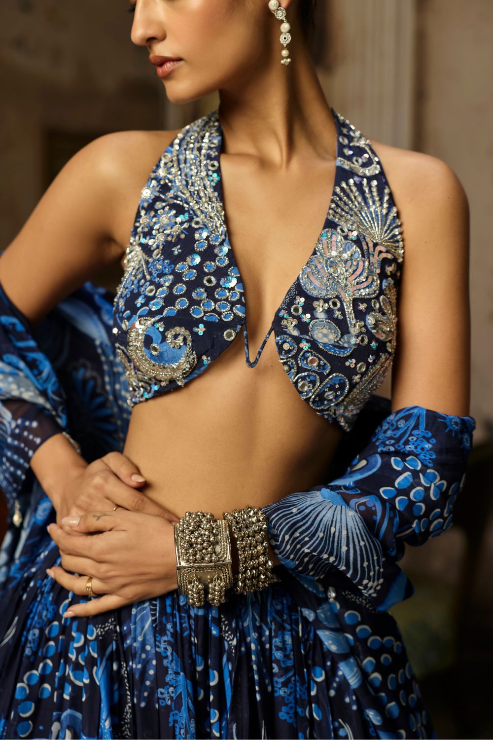 NAVY BLUE PRINTED & HIGHLIGHTED LEHENGA SET