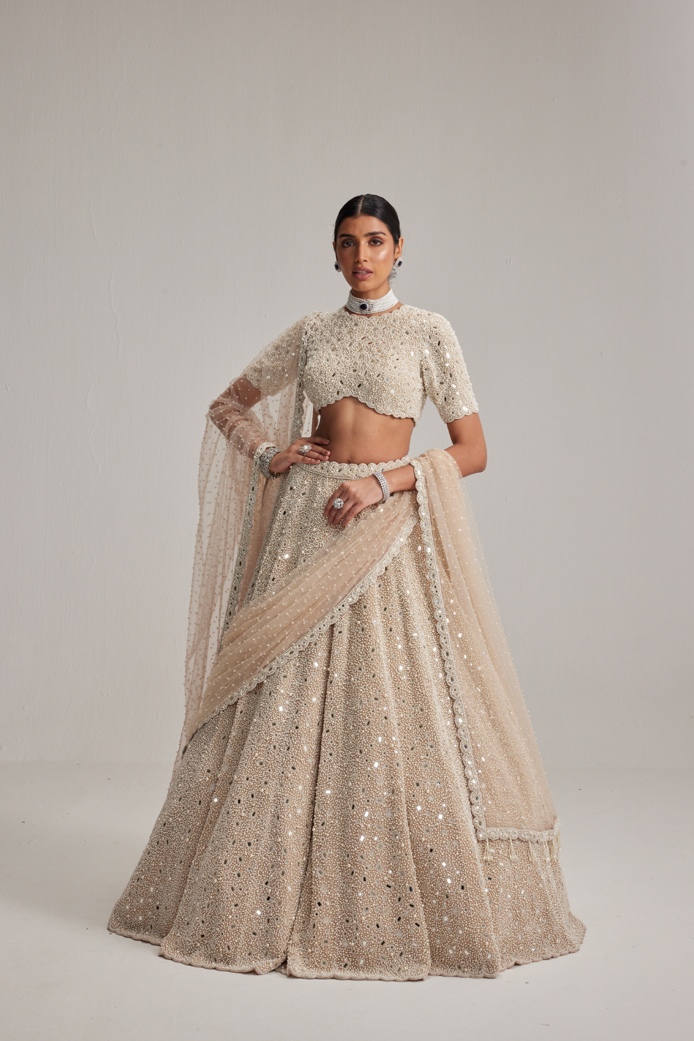 Light Beige Dense Pearl & Mirror Lehenga with High-Neck Blouse and Double Dupatta
