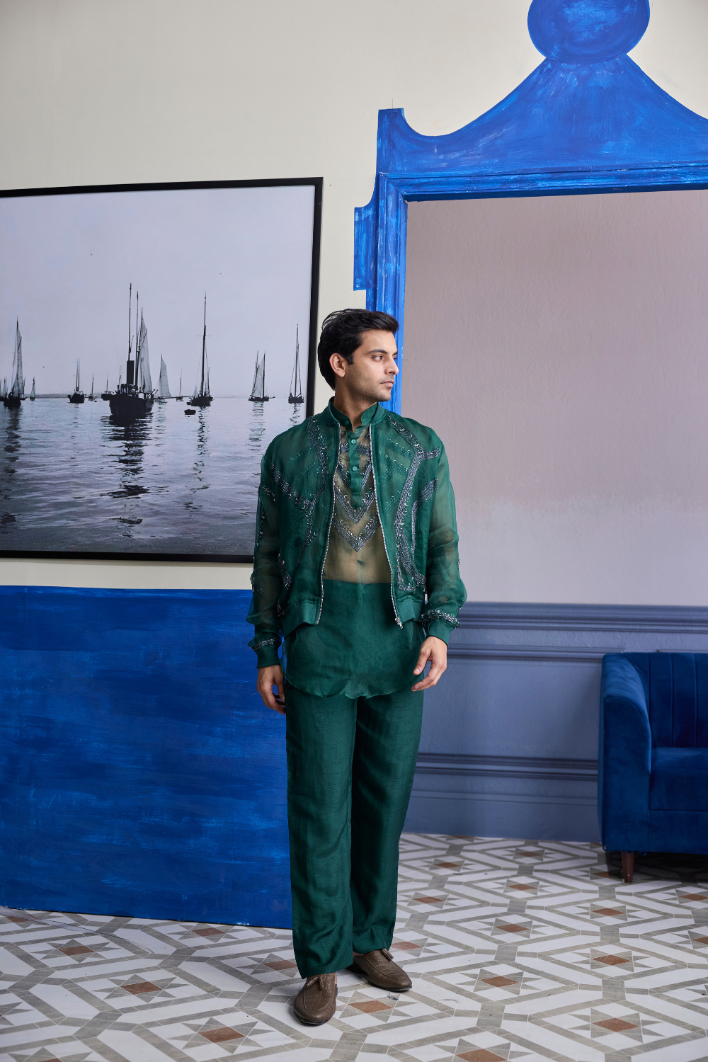 Dark Green Organza Kurta with Embroidered Organza Bomber Jacket Paired with Solid Pants