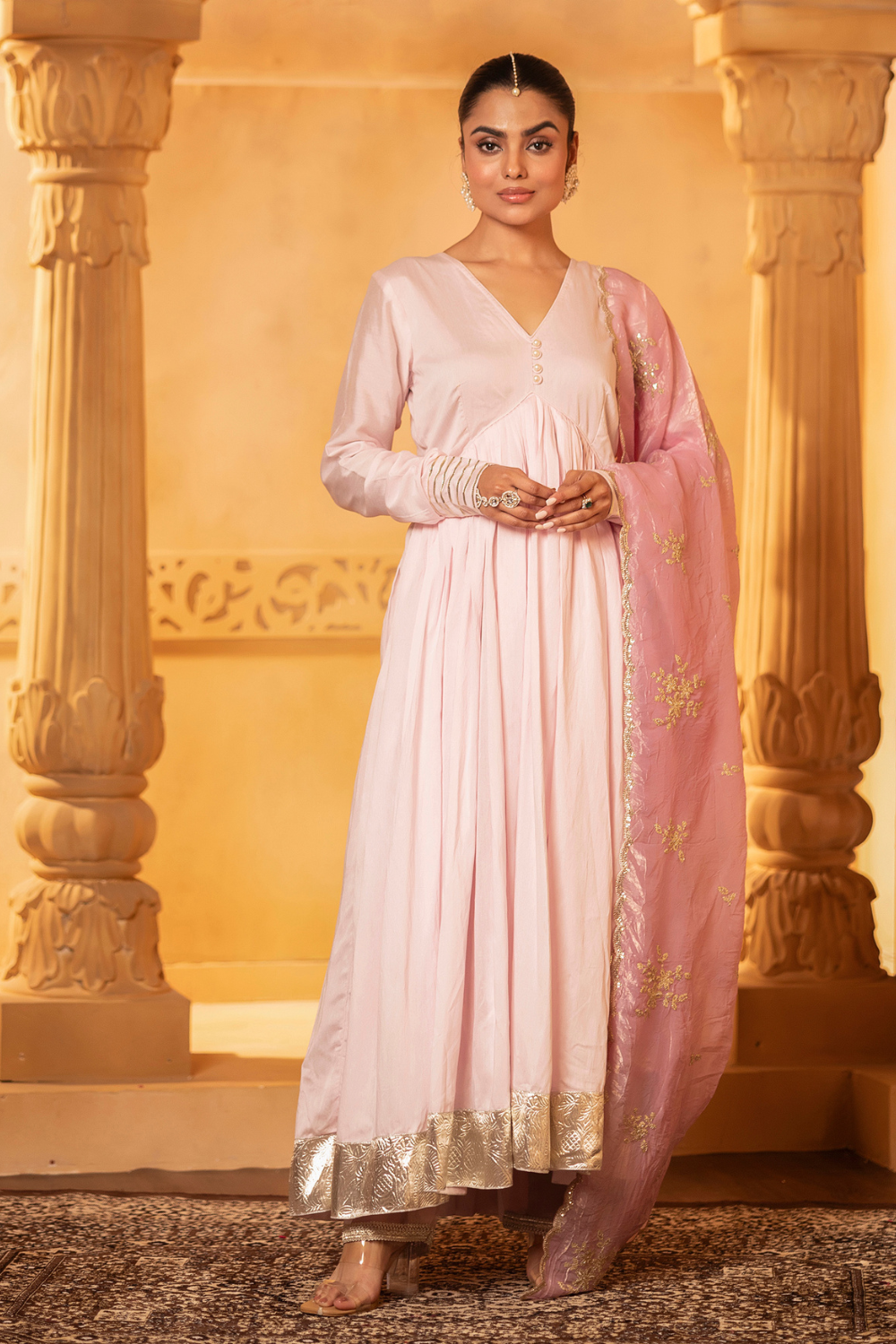 Pink Chanderi Anarkali Set