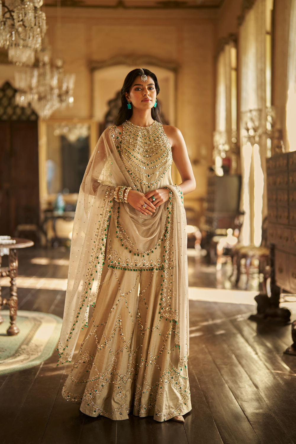 Champagne Emerald Crystal Sharara Set