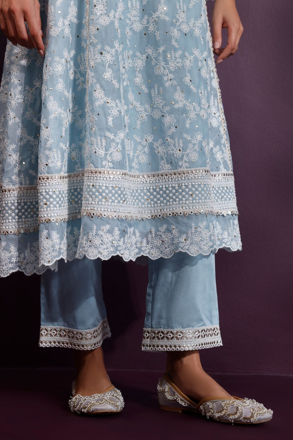 Rupa Organza Blue Anarkali Kurta with Pima Satin Blue Pant Set