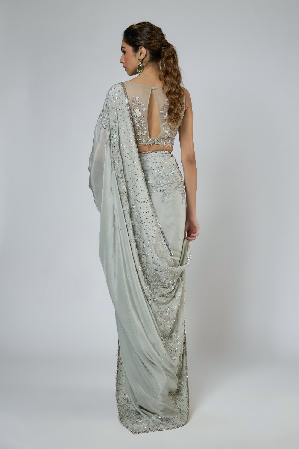 DUSTY GREEN HEAVY INTRICATE FLORAL EMBROIDERED SAREE SET