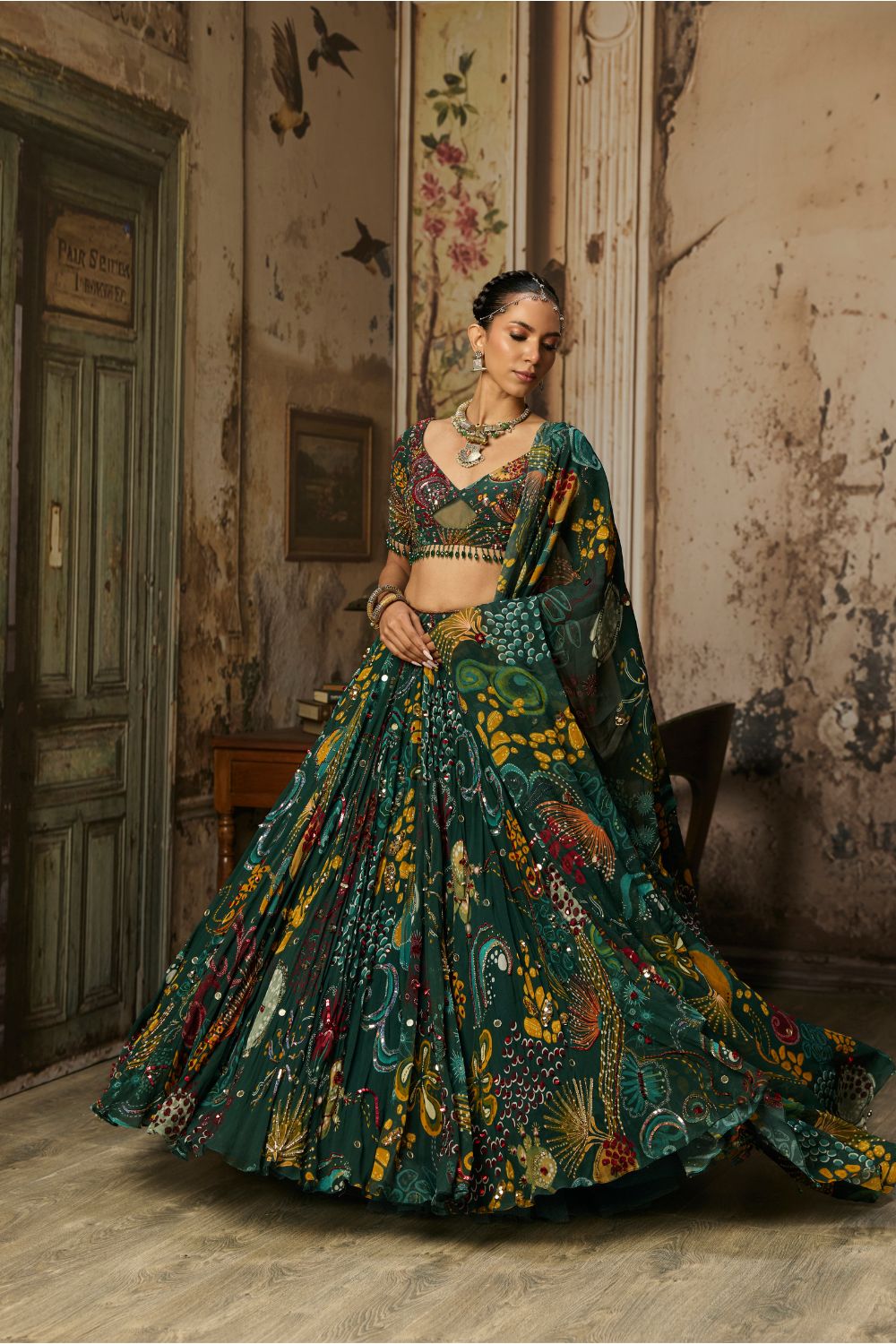 DARK GREEN PRINTED AND HIGHLIGHTED LEHENGA SET