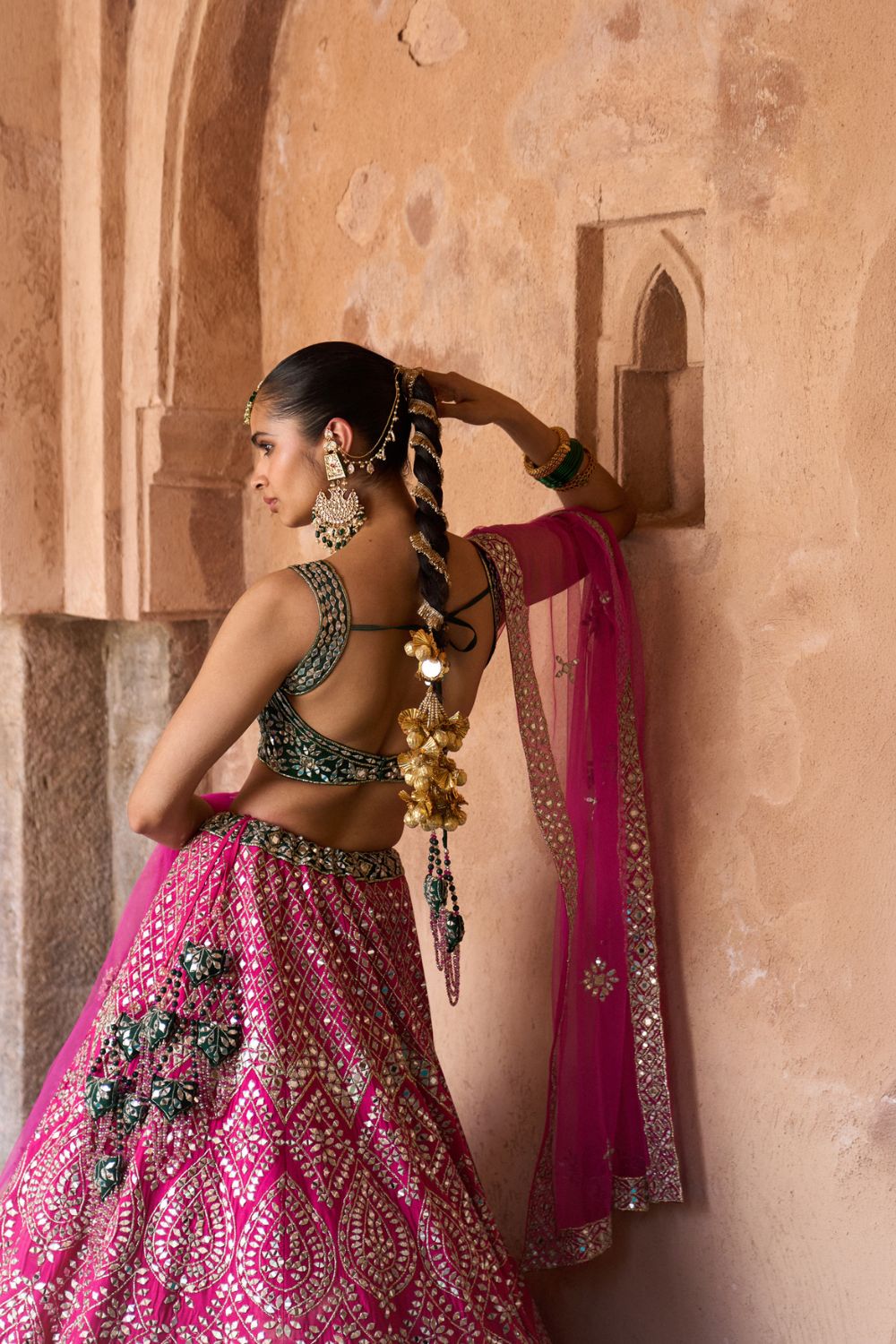 JYOT — Fuchsia Pink Raw Silk Lehenga Set with Contrast Blouse