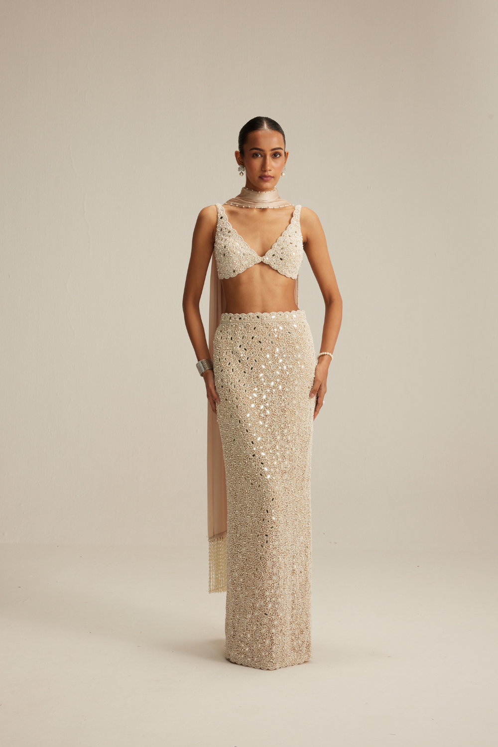 Light Beige Dense Pearl and Mirror Pencil Skirt with V Neck Blouse