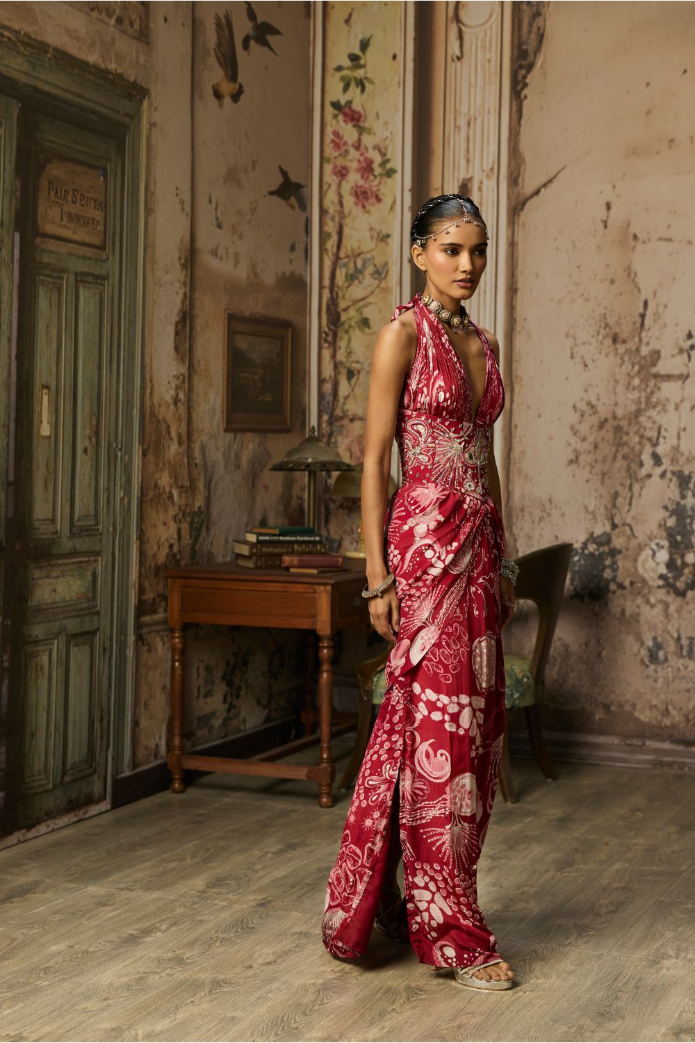 SCARLET RED PRINTED SLIT DRESS WITH HIGHLIGHTED CORSET BELT