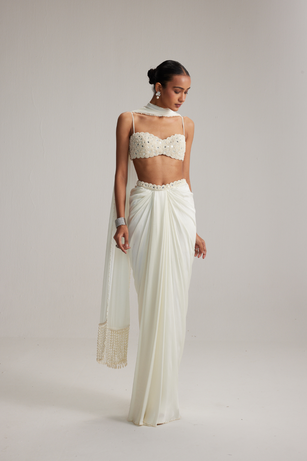 Off White Satin Draped Skirt Set