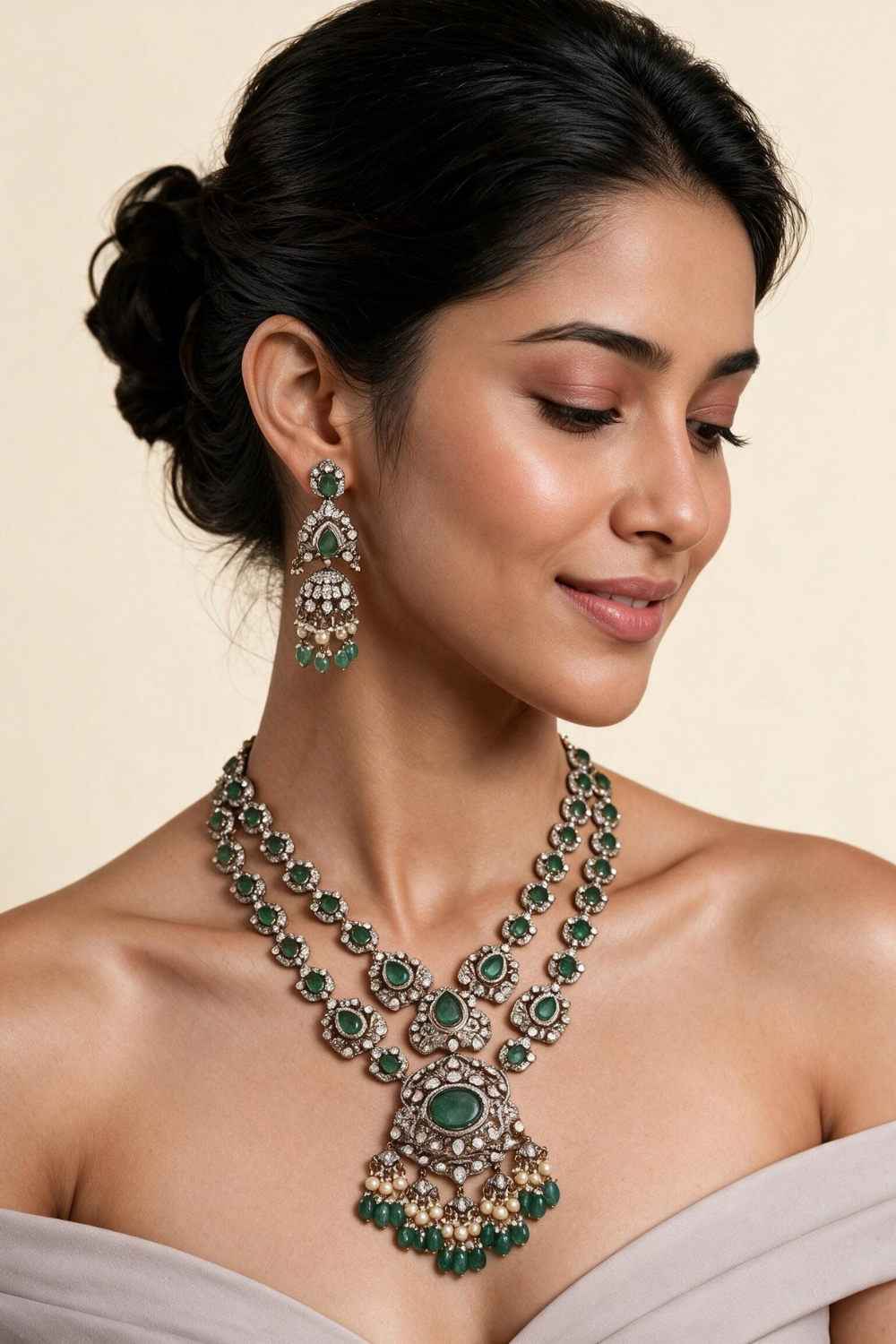 Emerald Moissanite Polki Long Two-Layered Necklace Set