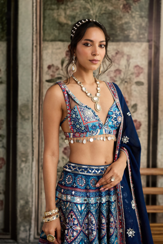 TEAL PRINT AND AND HIGHLIGHTED LEHENGA SET