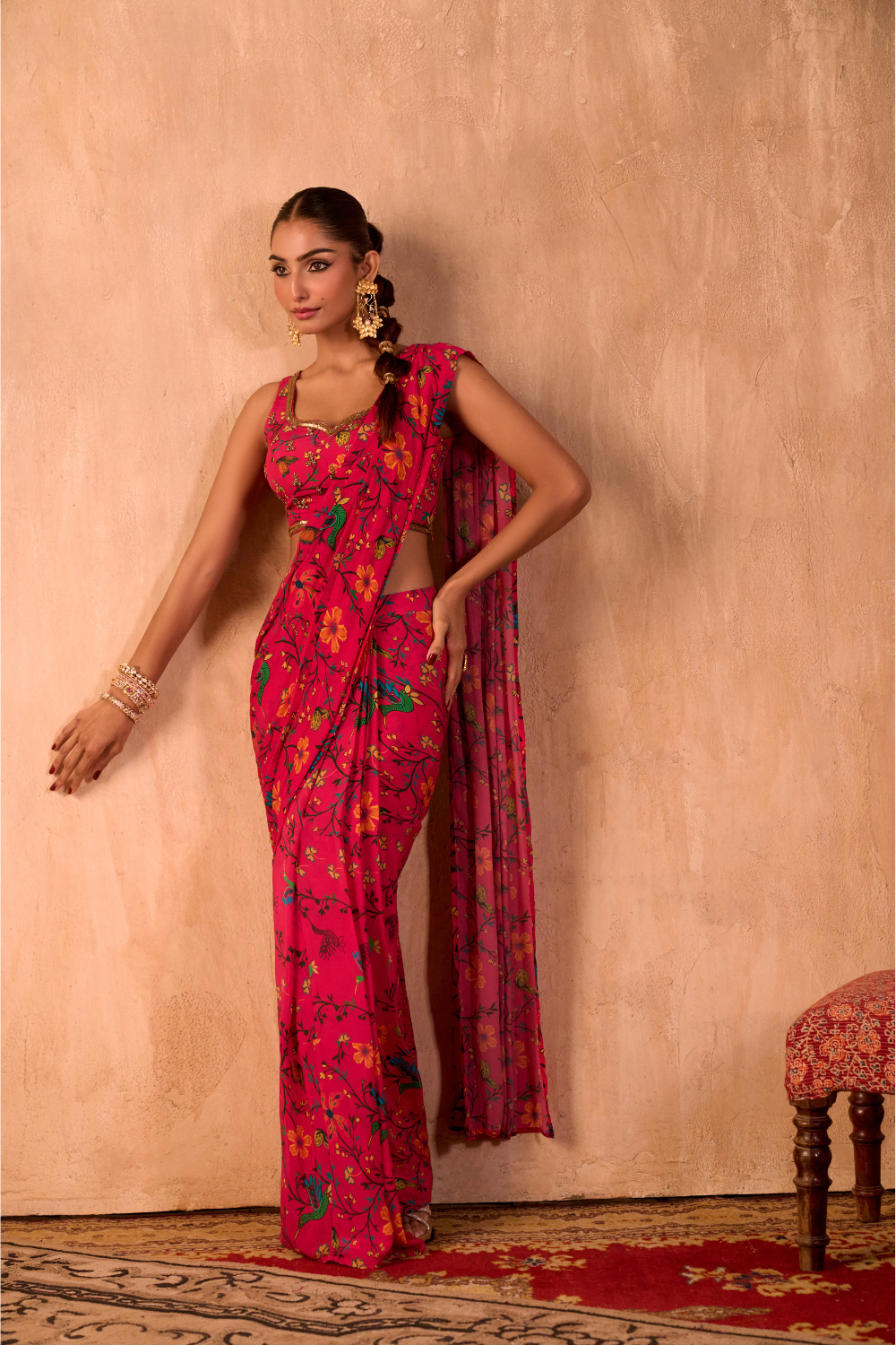 PINK PRINT EMBROIDERED CHOLI WITH PRE-DRAPED SARI SET
