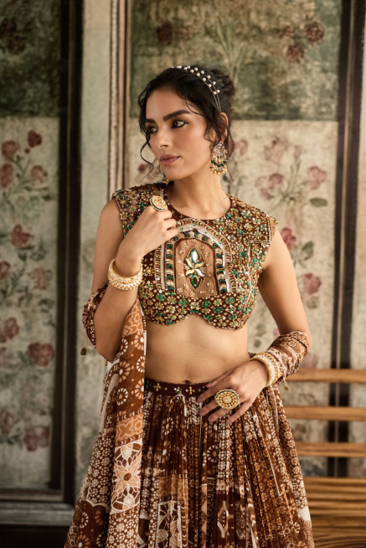 CARAMEL PRINT AND HIGHLIGHTED BLOUSE AND LEHENGA SET