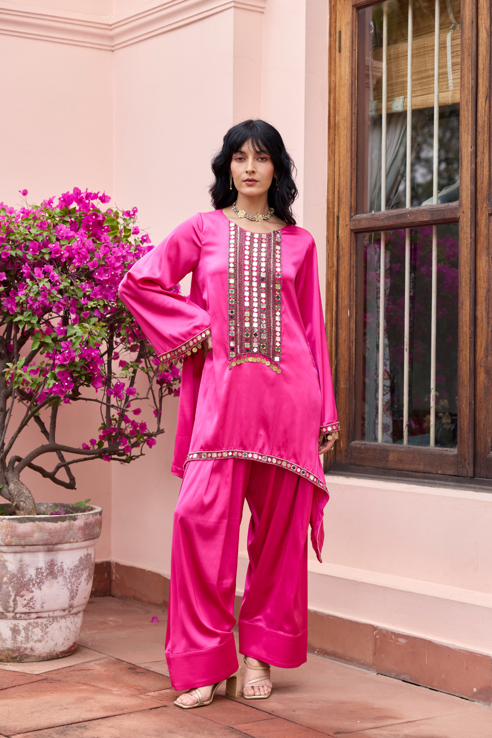 FUSCHIA PINK EMBROIDERED KURTI SET