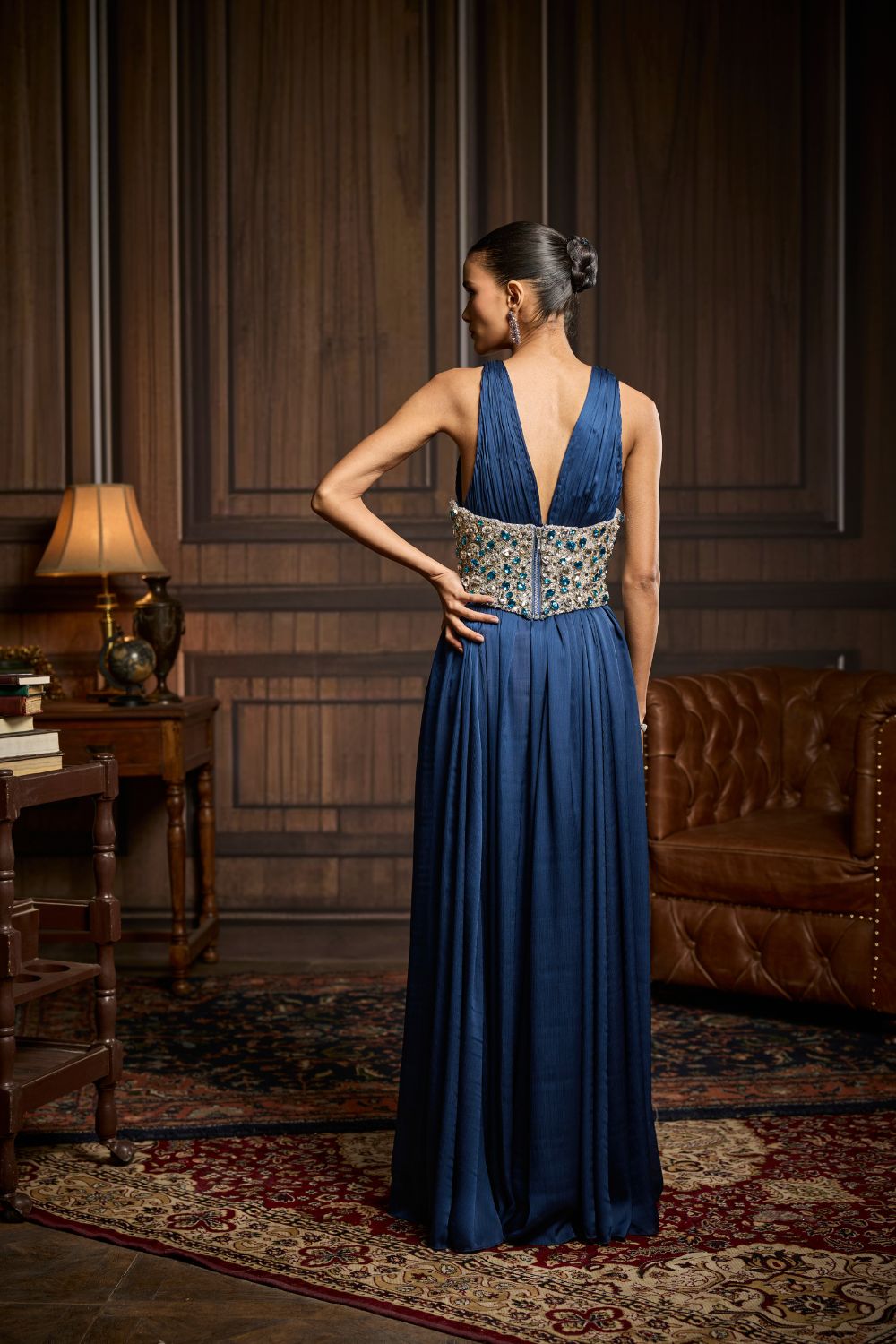 HEAVY EMBELLISHED CORSET BELT STYLED WITH MIDNIGHT BLUE SLIT DRESS