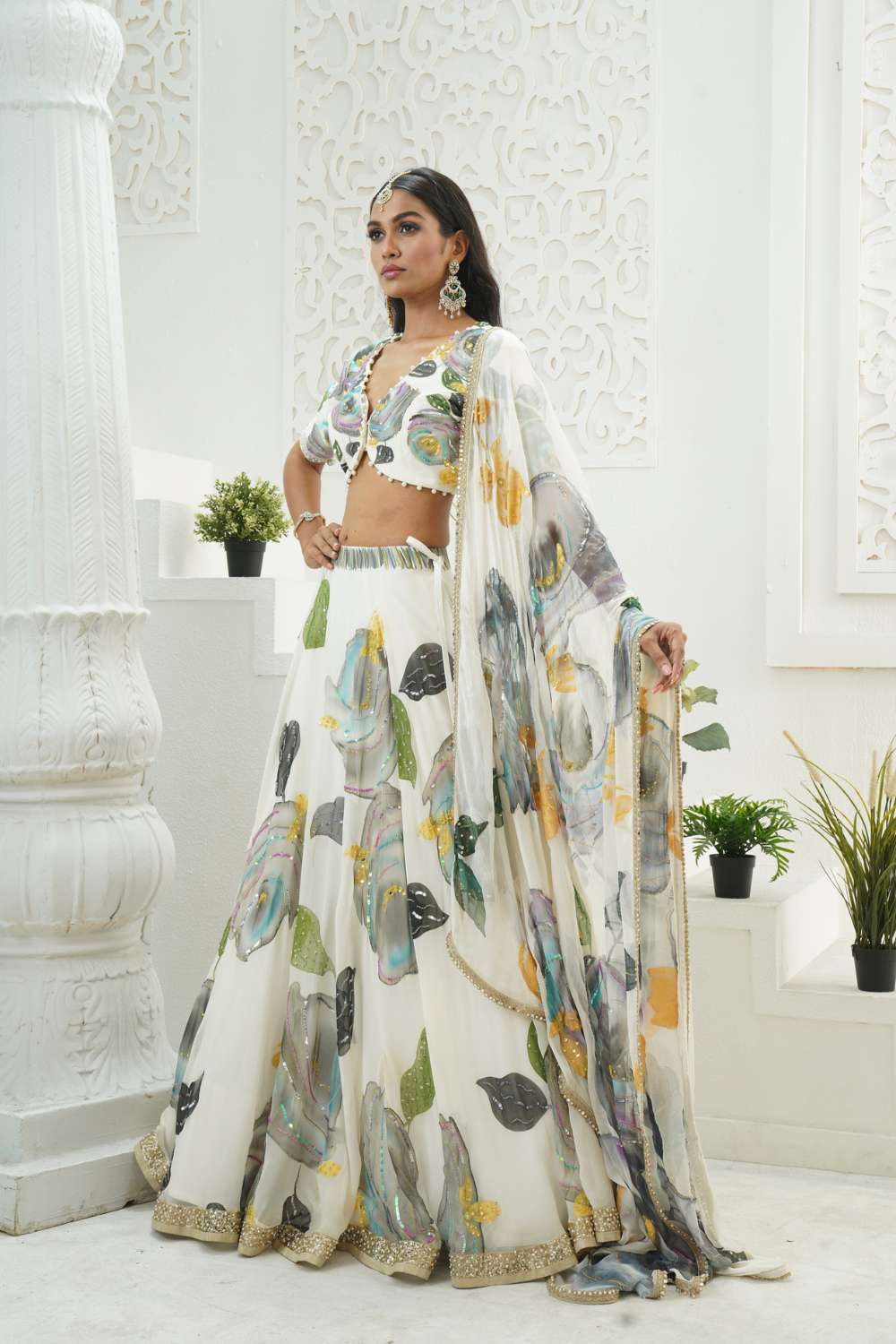 Ivory hand painted lehenga set