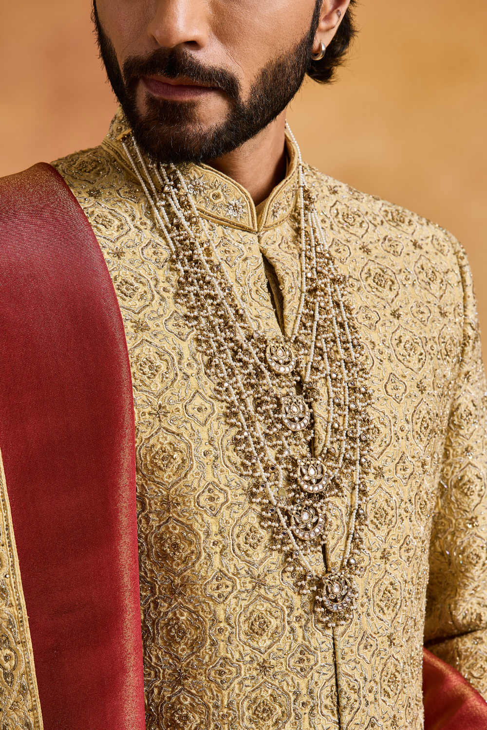 Gold Raw Silk Sherwani with Choga and Churidar
