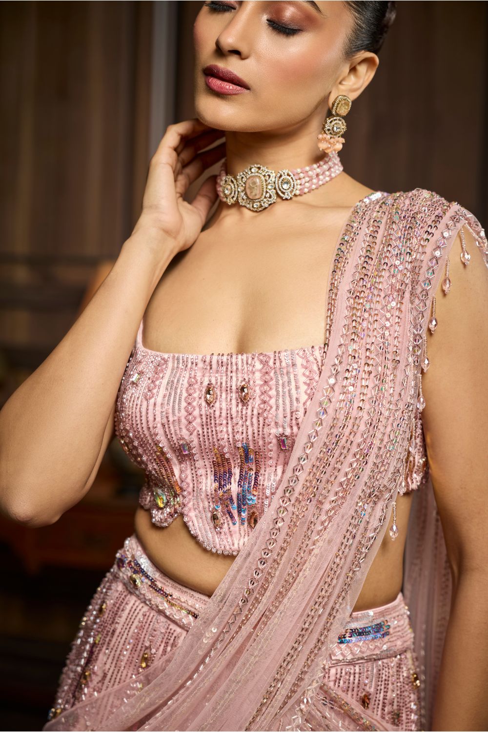 BLUSH PINK EMBELLISHED PRE-DRAPED SKIRT SAREE SET