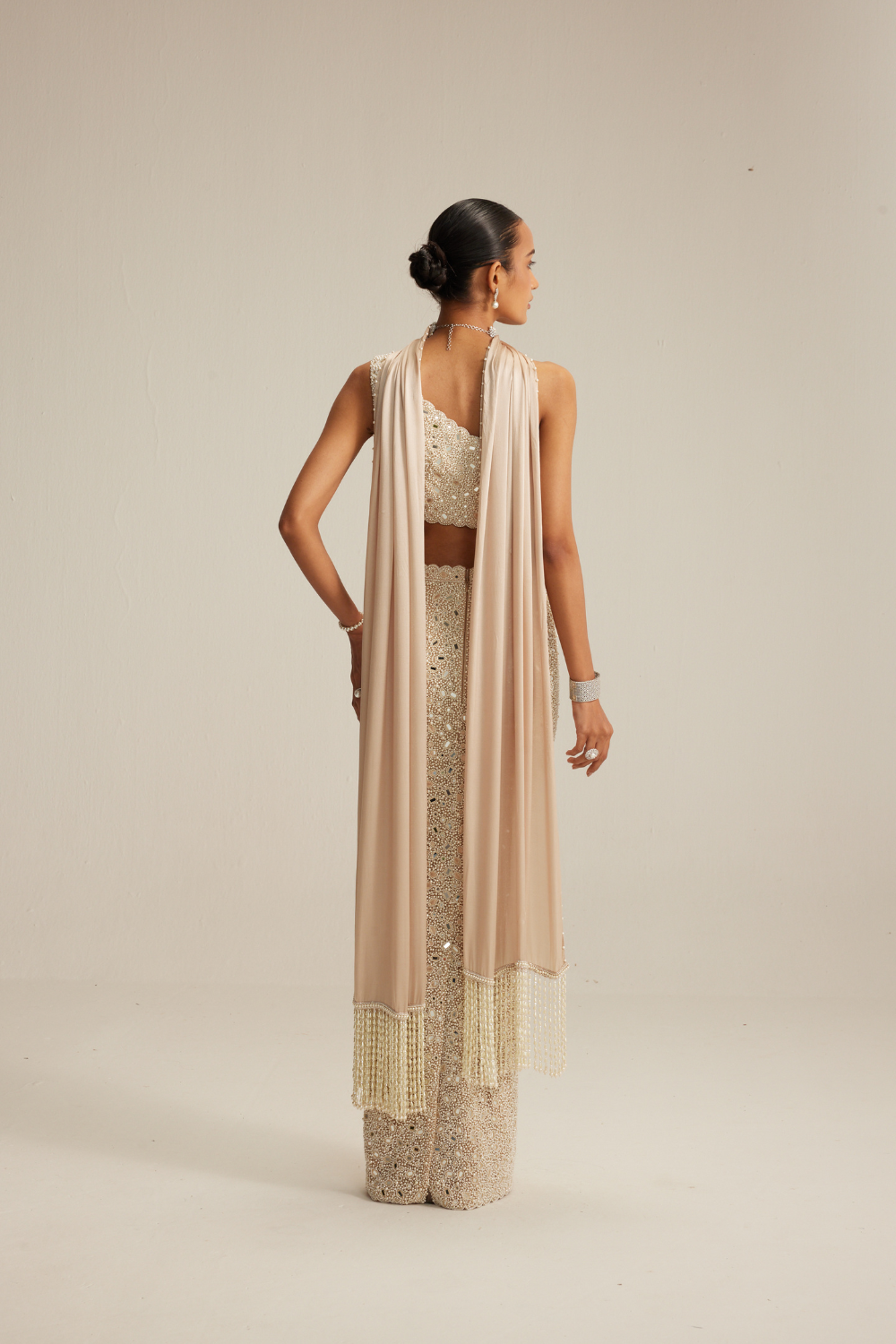 Light Beige Mirror & Pearl Pencil Skirt Set with One-Shoulder Blouse and Satin Stole