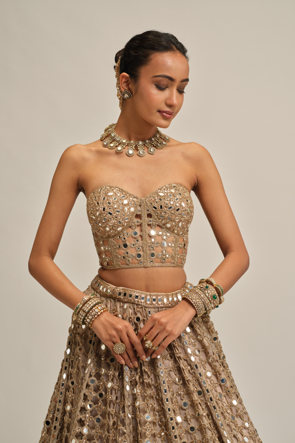 Light Beige Big Mirror Cutwork Crop Top Skirt Set