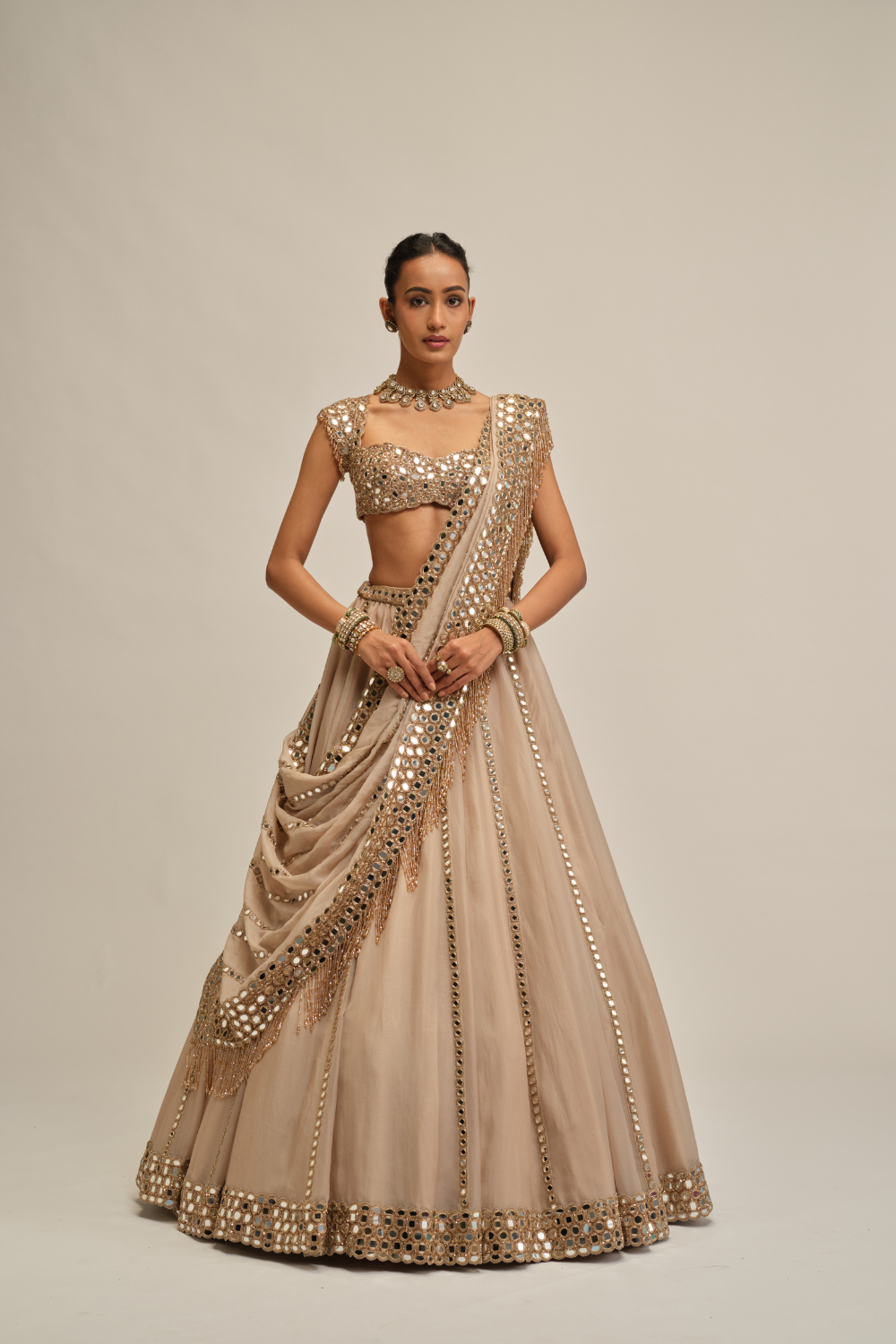 Light Beige Mirror Linear Embroidered Lehenga Set