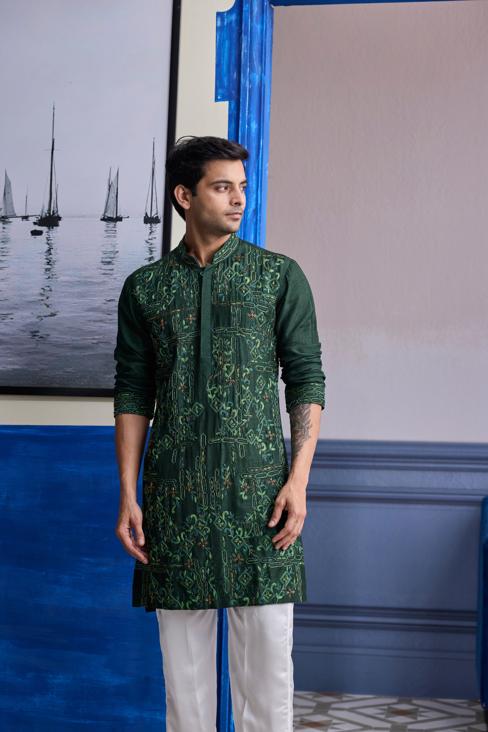 Bottle Green Thread Work Embroidered Kurta with Ivory Pants